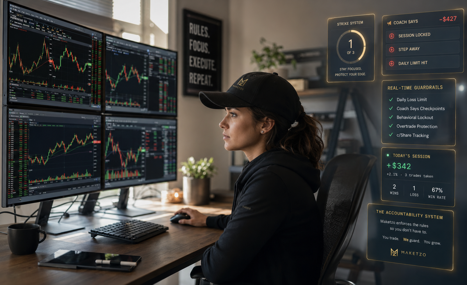 A focused trader at a multi-monitor desk with MAKETZO's real-time discipline guardrails